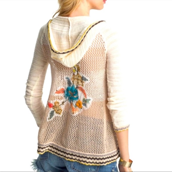 FREE PEOPLE Menagerie Embroidered Crochet Hooded Sweater Tunic sz XS - Picture 2 of 8